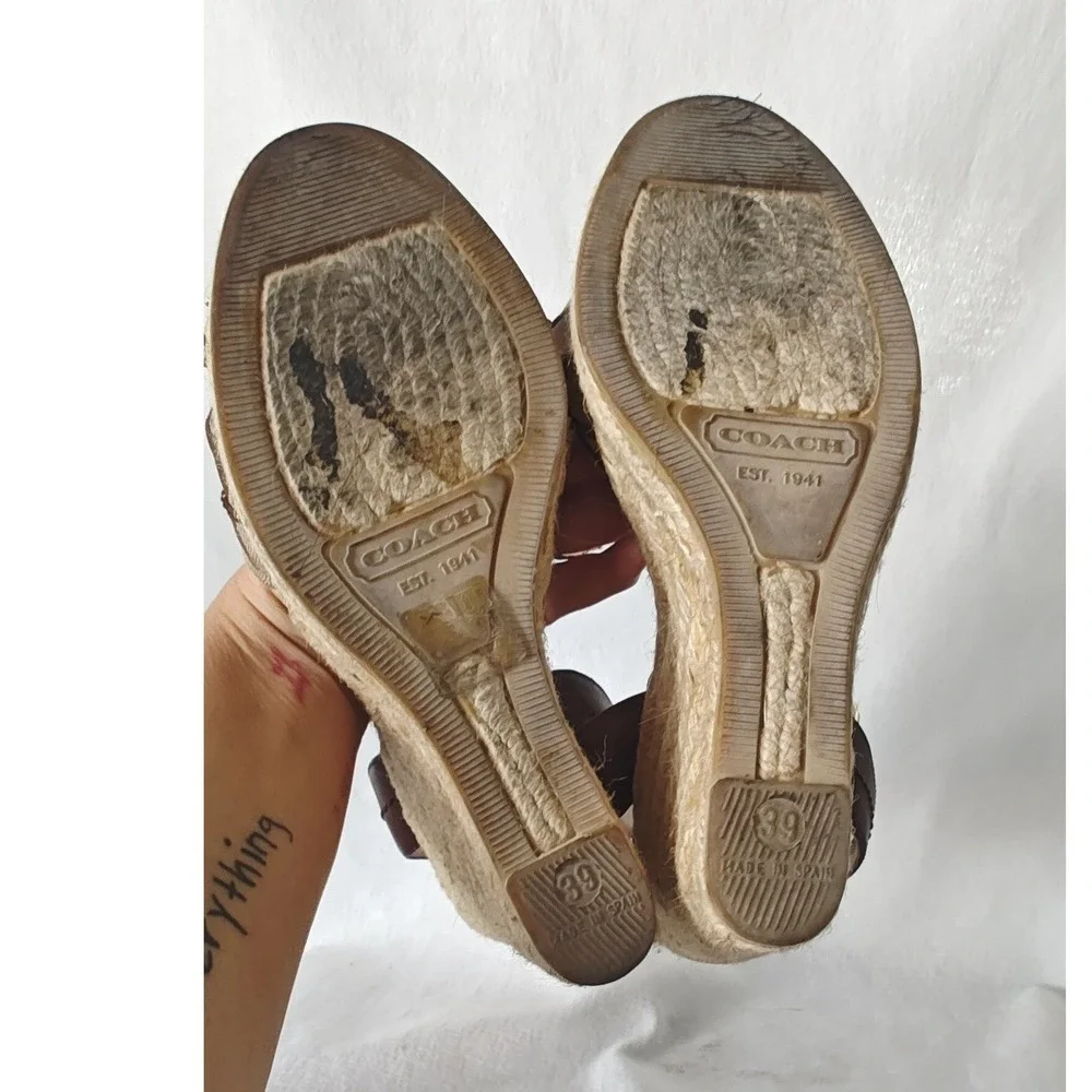 Coach Espadrille Wedge Sandals Brown Monogram Canvas Ankle Strap 2000s 39 8.5